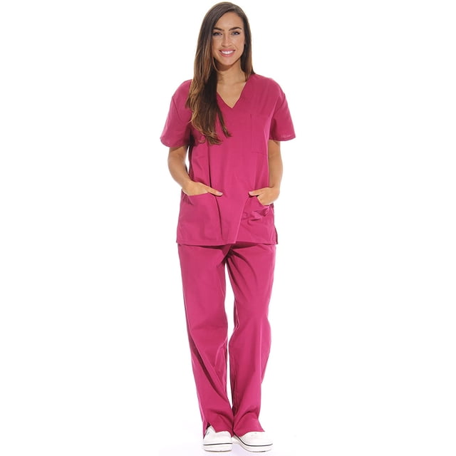 Greswe Ensemble de Sarrau Médical pour Femmes à Col en V avec Pantalon Cargo de Couleur Rose Vif. Cet Ensemble d'Uniforme Comprend un Haut à Manches Courtes à Col en V avec Trois Poches, Dont une Poche Poitrine et Deux Poches Inférieures Spacieuses, Assorti à un Pantalon Ample avec une Taille Élastique, un Cordon de Serrage et Trois Poches, Dont Deux Poches Latérales et une Poche Cargo. Fabriqué à Partir d'Un Mélange durable de 55 % Coton et 45 % polyester, les Sarraus Sont Conçus pour le Confort avec des Coutures Renforcées, des Fentes de ventilation et des Matériaux Sécuritaires