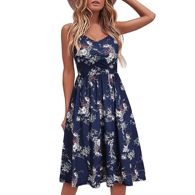 Pisexur Robe Sans Manches à Col en V Femmes Mode Été Bord de Mer à Bretelles Sans Manches Col en V Imprimé Robe Décontractée Hauts pour Femmes en Liquidation