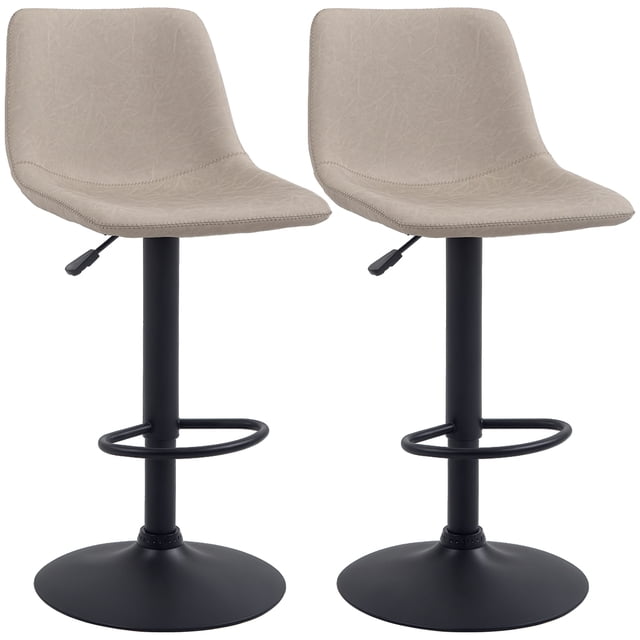 HOMCOM Adjustable Bar Stools Set of 2, featuring beige PU upholstered seats with padded backs and armless design. Each stool includes a 360° swivel function, adjustable height, and a sturdy black powder-coated steel frame with a round base and integrated footrest. Suitable for bar counters 35-39 inches high. Dimensions: 16.5 inches wide, 19.25 inches deep, and adjustable height from 35.5 to 43.75 inches.