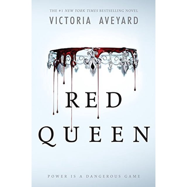 Couverture de Livre Red Queen Mettant en Vedette une Couronne Ornementale Argentée Dégoulinant de Sang Rouge sur un Fond Bleu Pâle, avec le Titre en Grande Police serif Noire et le Nom de l'Auteur Victoria Aveyard Ci-Dessus, Mettant en Valeur les Thèmes du Pouvoir et du danger dans la fiction pour Ados et Jeunes Adultes.