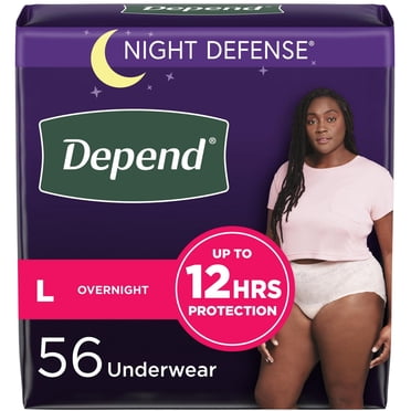 Sous-vêtements d’incontinence et fuites urinaires post-partum pour femmes adultes Depend Night Defense pour femmes, jetables, de nuit, grande taille, roses, 56 unités
