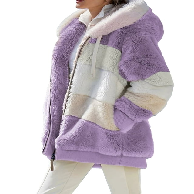 Women Fuzzy Fleece Hooded Coat Open Front Color Block Fluffy Hoodies Jacket Outwear with Pockets