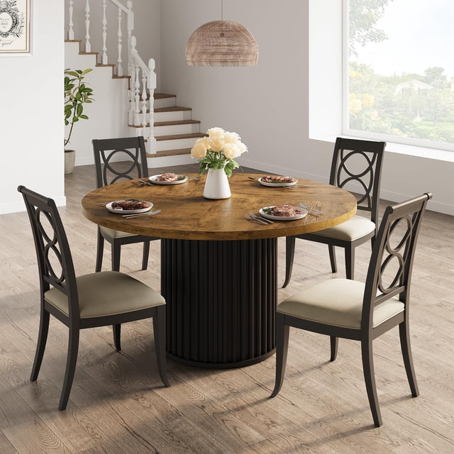 Round Dining Table 47 Inch for 4-6 People, Kitchen Table with Sturdy Waveform Metal Pedestal Base, Farmhouse Circle Table for Dining Room Kitchen, Brown (Not Included Chairs)