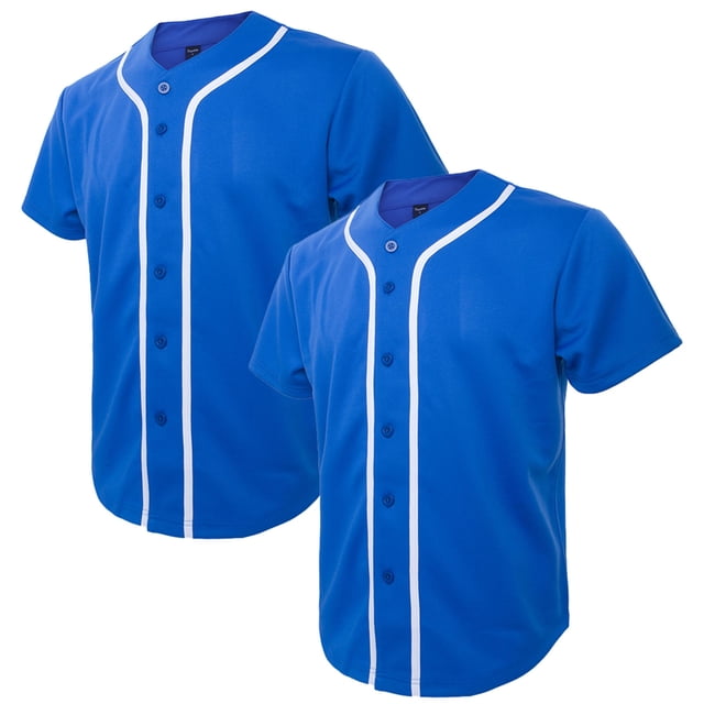 TOPTIE 2 Pack Men's Baseball Jersey Button Down Jersey Short Sleeve Shirt-Blue Blue-L