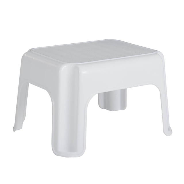 Rubbermaid Plastic Step Stool, Small, White, shown in a 3/4 profile view with a rectangular shape and rounded corners. It features a skid-resistant textured surface and four skid-resistant feet for stability, ideal for safely reaching items just out of reach in home improvement tasks.