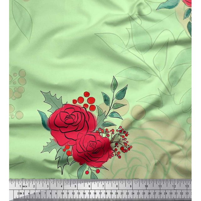 Soimoi Tissu en Coton Cambric Imprimé Feuilles de Houx & Roses par Yard 42 Pouces de Large