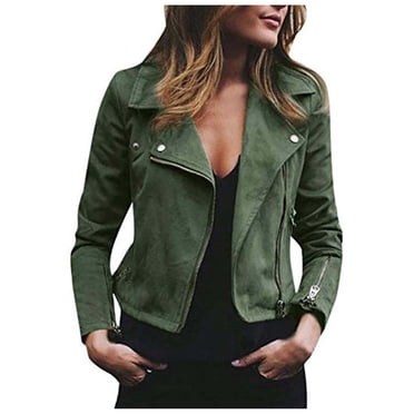 TIMIFIS Women Leather Jackets Faux Motorcycle Plus Size Moto Biker Coat Short Lightweight Vegan Pleather Fashion Spring Fall Coat Jackets-Green - Fall/Winter