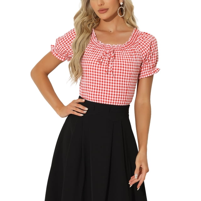 INSPIRE CHIC Blouse à Carreaux Vichy pour Femme, Paysanne, Col Rond, Volants, Manches Bouffantes, Haut Rouge P