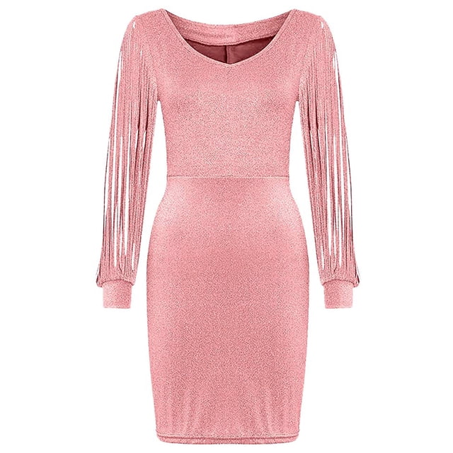 Mikilon Robe à Manches Longues pour Femmes, Robes Formelles à Col en V, Paillettes, Robes de Fête, de Bureau et de Soirée