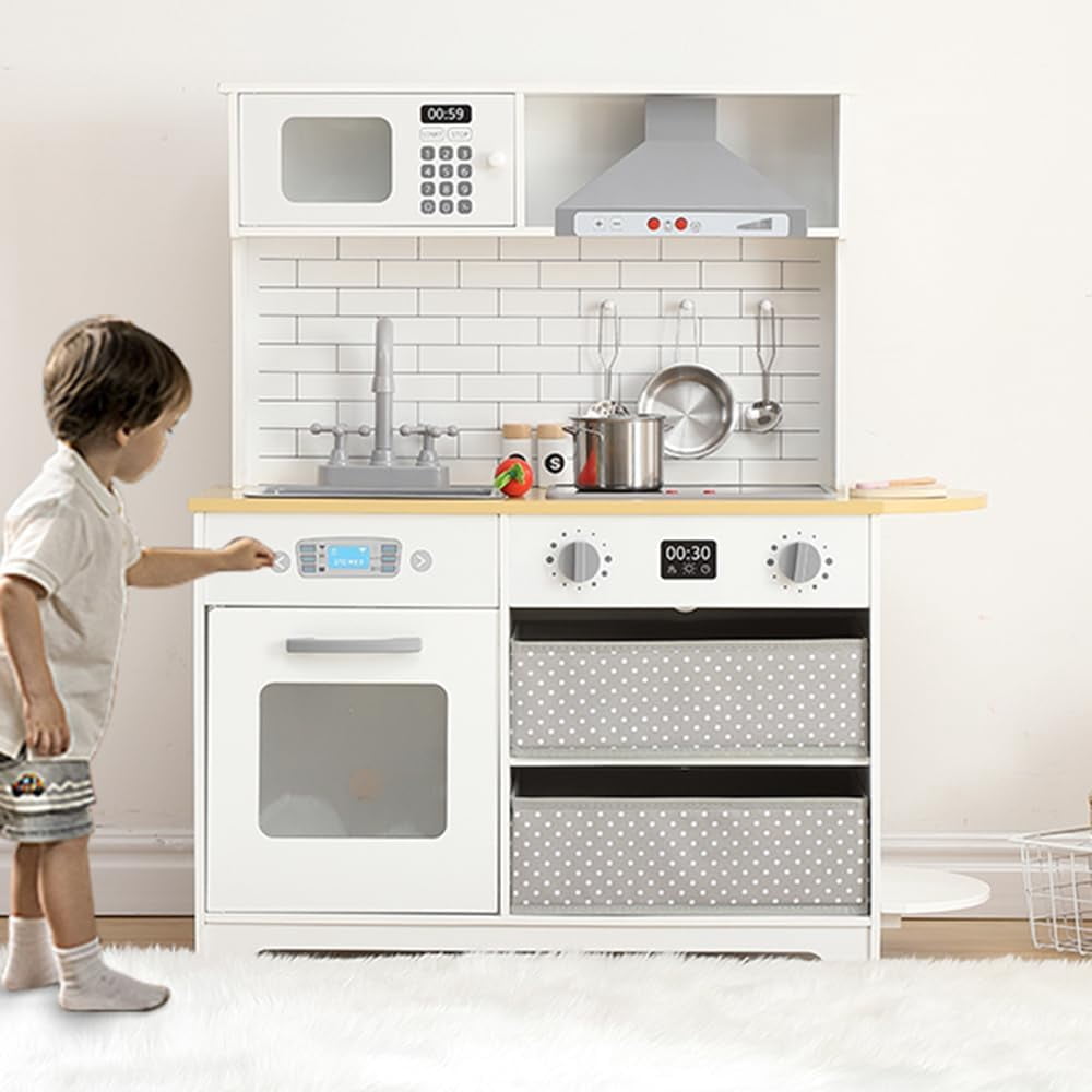 Ourlova Play Kitchen for Kids - Wooden Playset with Real Lights & Sounds