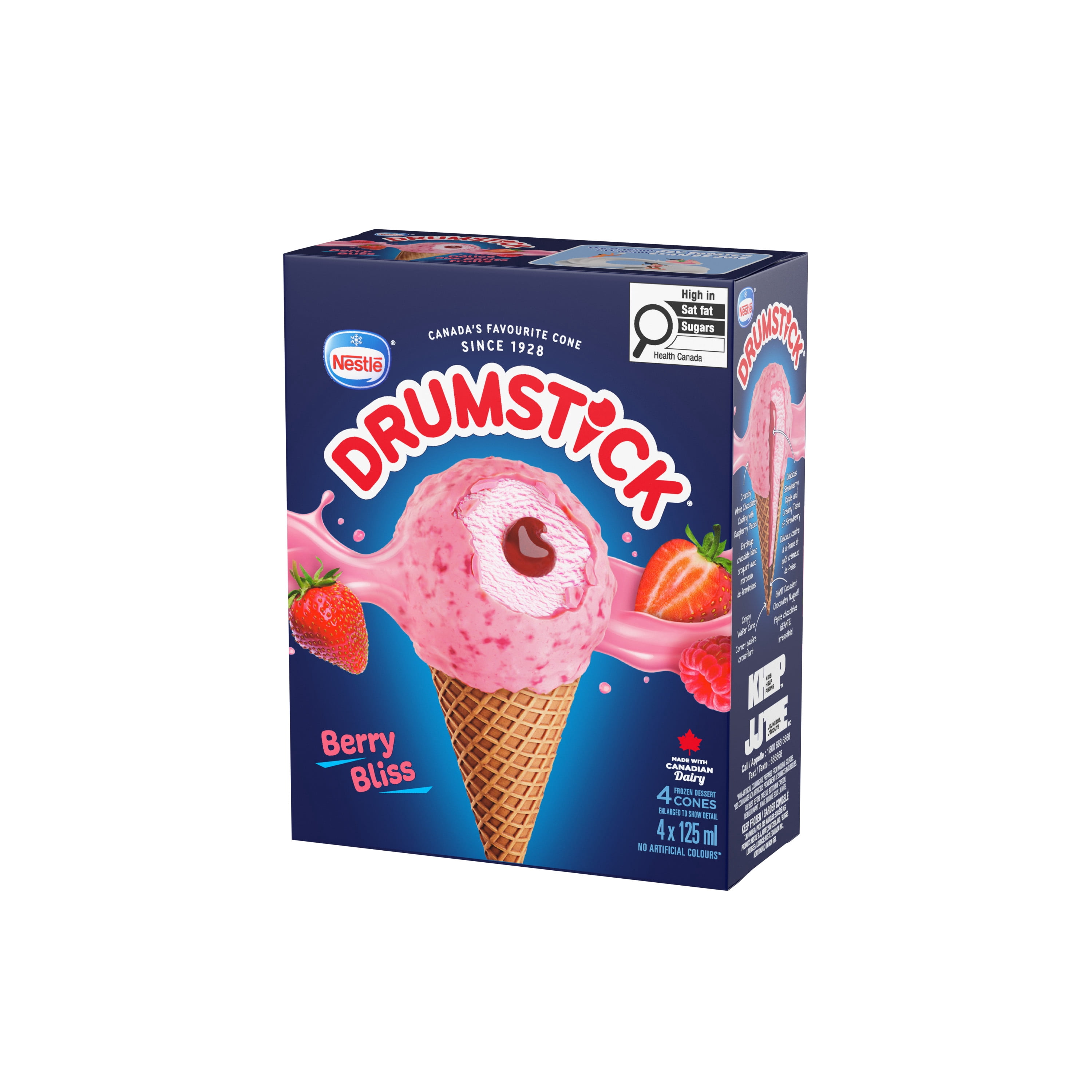 DRUMSTICK Cornet Délice aux petits fruits, dess. glacé fraises, enrob. choco. blanc 4 x 125 ml