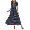 thumbnail image 1 of Robes d'Été Noires pour Femmes 2022 Mode Femmes Col Rond Manches Courtes Plage Pois Bandage Longue Robe Maxi, 1 of 8