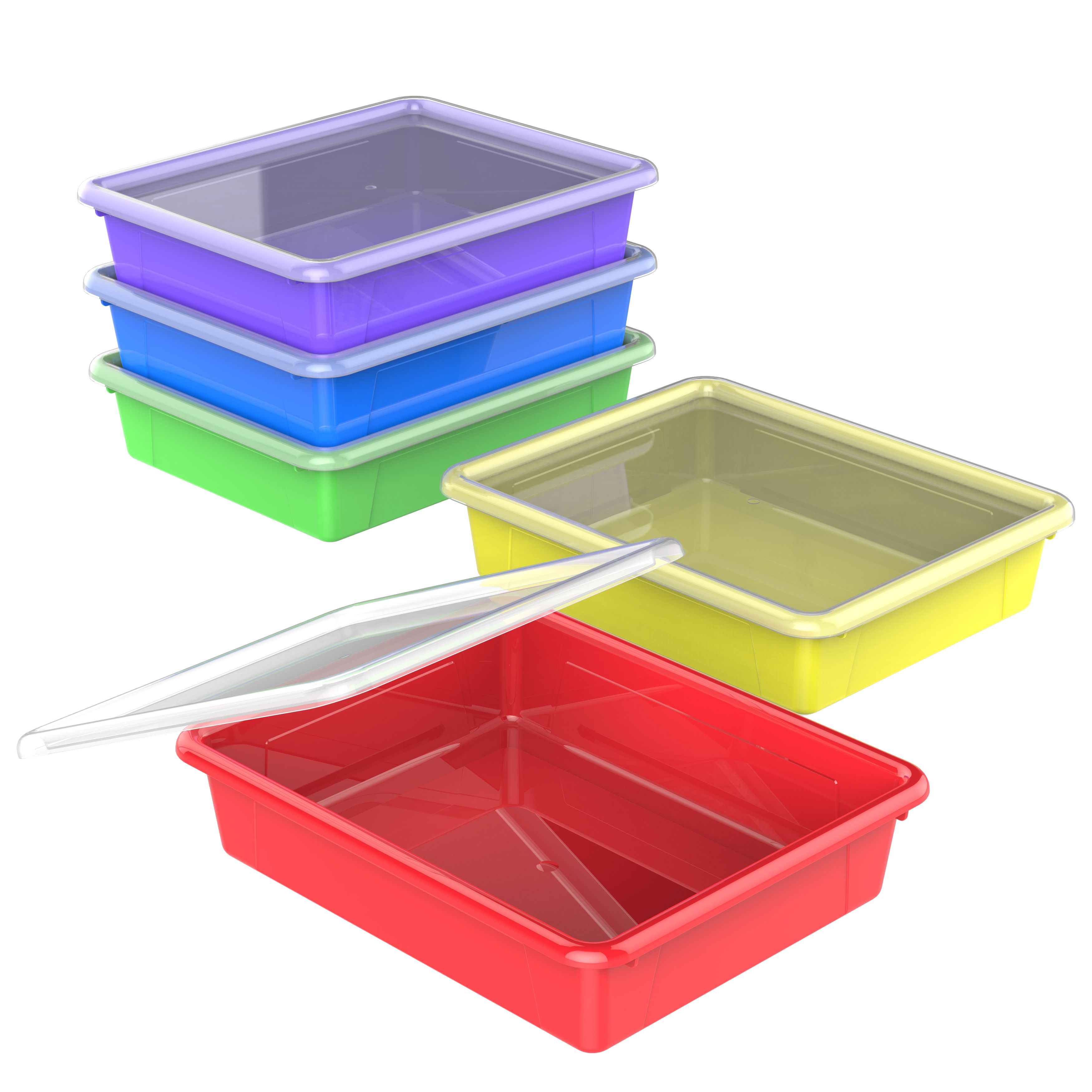 Storex Plateau de Rangement Plat avec Couvercle, Format Lettre, 10 x 13 x 3 Pouces, Couleurs Assorties, Lot de 5