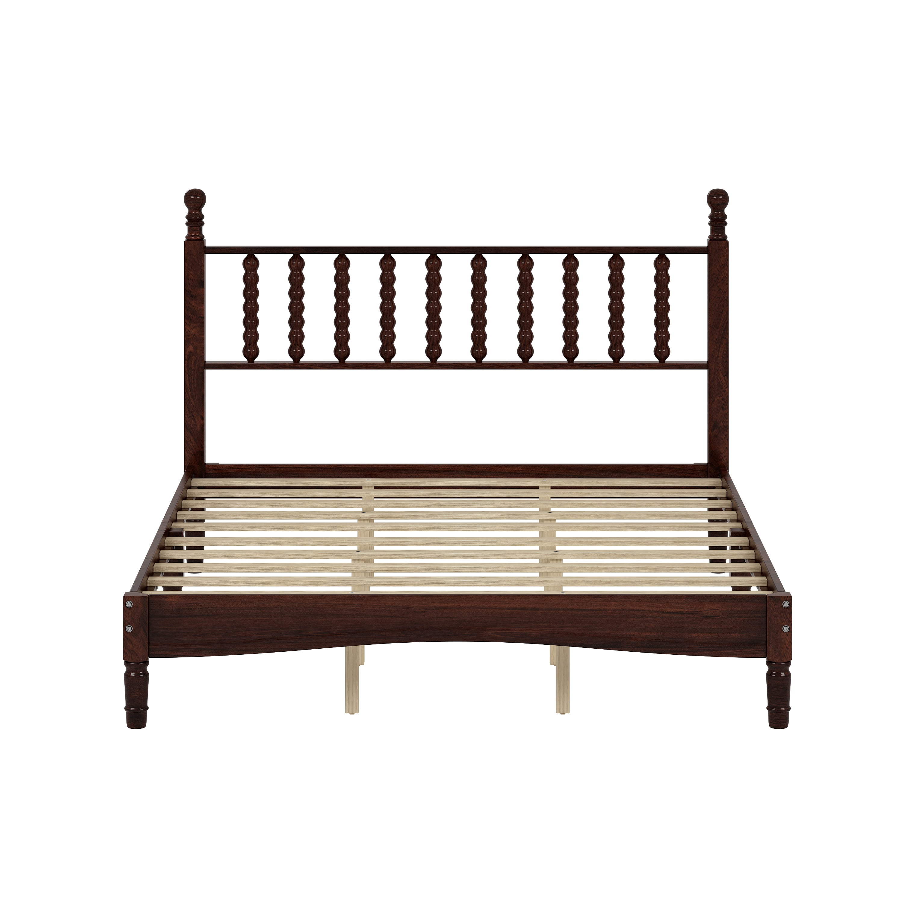 Noble House Queen Gourd Headboard Platform Bed,Wood Slat Support Retro Style Platform Bed,Walnut
