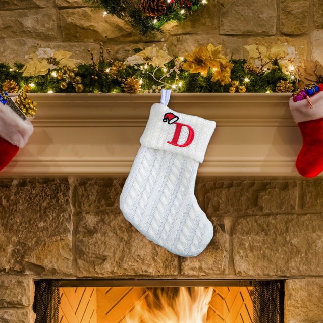 Fridja 8 Inch Mini Initial Christmas Stocking Monogram Embroidered Christmas Stocking White Knitted Small Christmas Stocking Decorations for Fireplace Mantle Christmas Wall