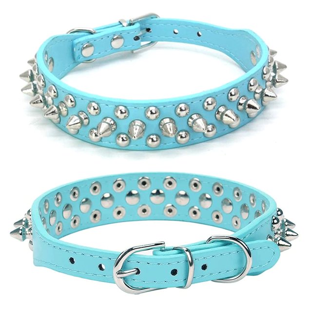 Spiked Studded Rivet Leather Dog Collar for Cats Puppy Small Medium Pets,Light Blue,XXS 25*2.5 CM