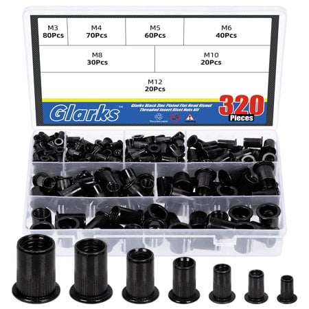 Glarks 320Pcs Metric Rivet Nuts Kit M3 M4 M5 M6 M8 M10 M12 Rivet Nuts Black Zinc Plated Carbon Steel Flat Head Rivnut Threaded Insert Rivet Nuts Assortment Set