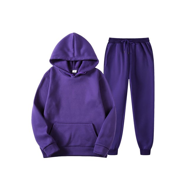 Innerwin Sweatshirts+Pant Outfits Two Pieces Men Tracksuit Set Sports 2 Pcs Fleece Jogger Sets in purple, size L. The set includes a hooded sweatshirt with long sleeves and a kangaroo pocket, paired with drawstring sweatpants featuring beam foot cuffs. Made of 95% polyester and 5% spandex, this solid-colour loungewear is soft, breathable, and suitable for spring, autumn, and winter. Ideal for casual wear, sports, or lounging.