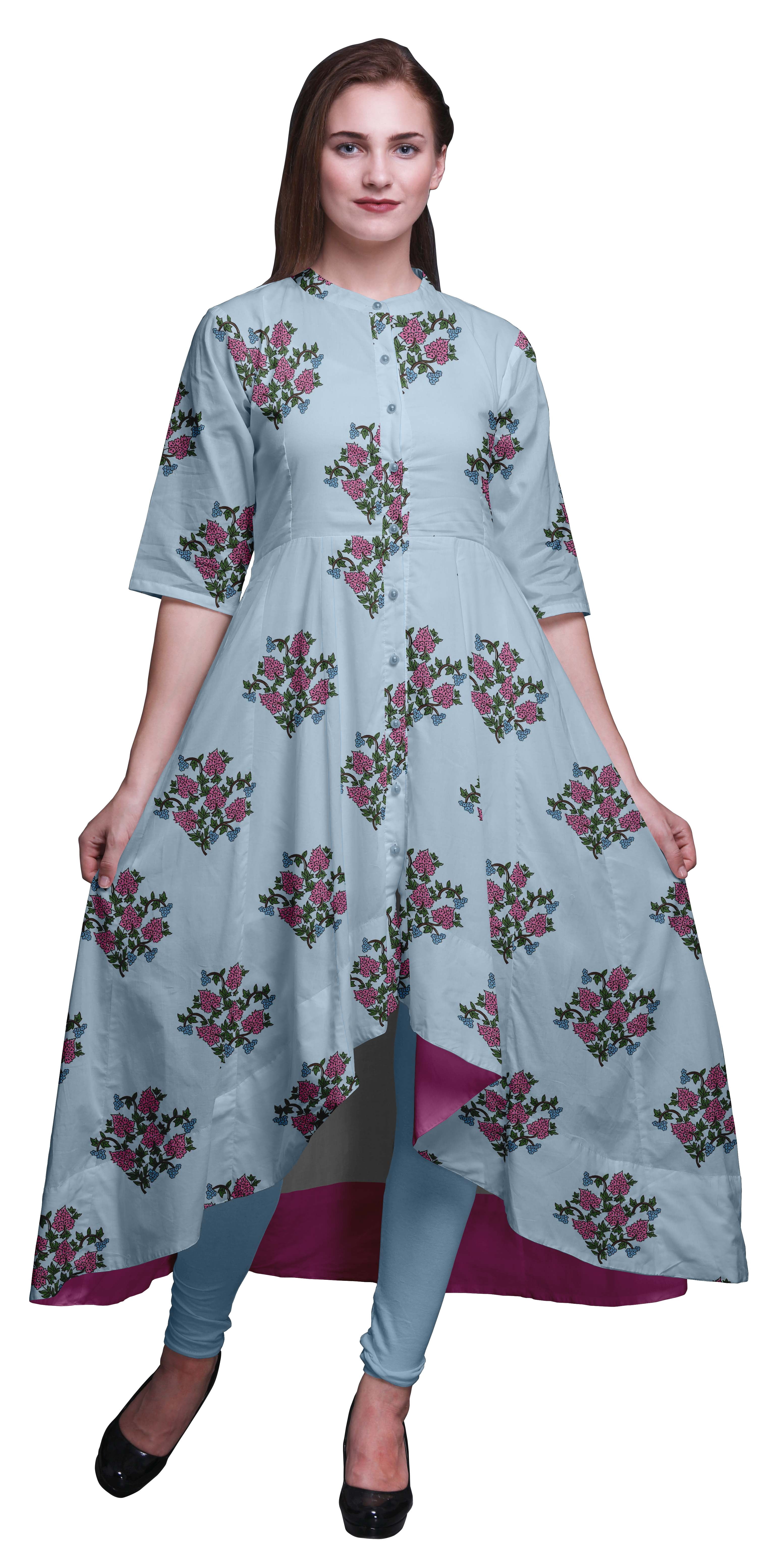 Bimba Robe Asymétrique Anarkali Kurti Imprimée Ethnique Indienne à Blocs Feuilles Bleues et Floral pour Femmes - Très Petit