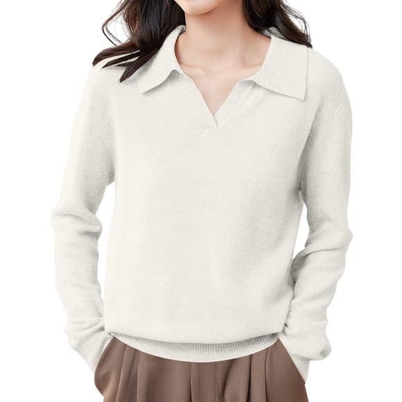 Comdrip Pullover Women, Women's Collar Pullover Sweater with Collar Long Sleeved Knitted Base Elegant Polo Shirts V Neck Knitted Fall Tops Sweater Womens White XL