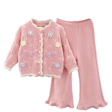 Économies d'Automne/hiver! HVOBTTY Ensemble Tricoté Doux et Tendance pour Filles, Ensemble de Chandail Tricoté d'Hiver pour Filles, Ensemble 2 Pcs pour Enfants, Haut et Pantalon Rose, 5-6 Ans