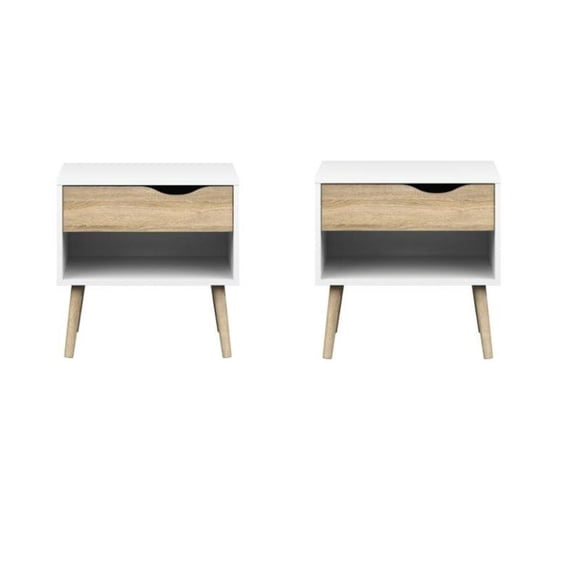 Set of 2 Nightstands in White and Oak