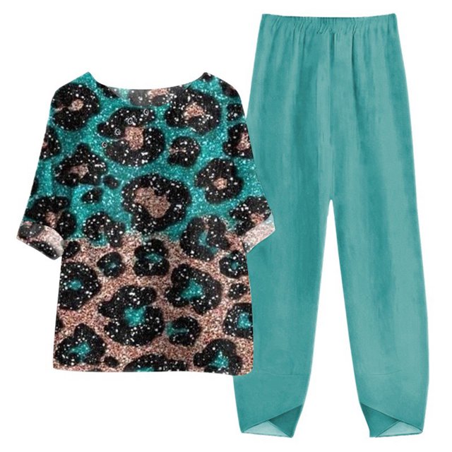 Mikilon Ensemble Élégant pour Femmes 2 Pcs Coton Lin Imprimé Manches Cinq-Quarts Col Rond + Pantalon Décontracté Vert-A TG