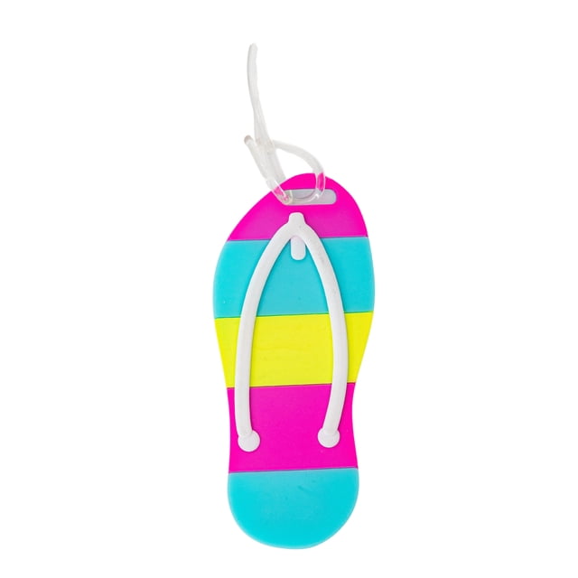 Jetstream® Étiquette d'Identification pour Bagage en Forme de Sandale à Tongs avec Rayures Horizontales en Rose, Bleu et Jaune, avec un design de Sangle à Lanière Blanche et une Boucle de Fixation en Plastique Transparent pour Se Fixer aux Bagages, Convient à l'Identification Facile des Sacs de Voyage.
