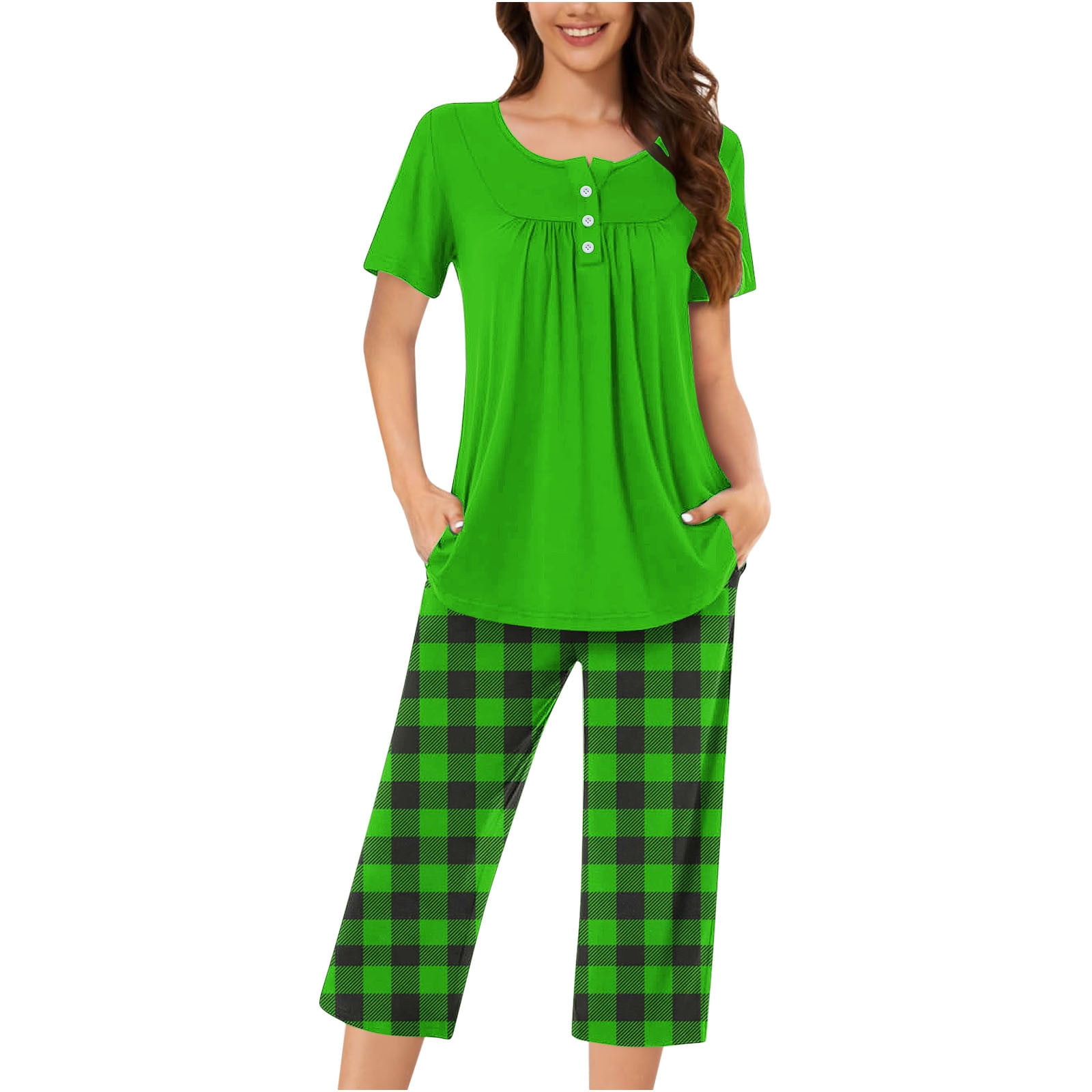 Timegard Womens Pajamas Sets Lounge Short Sleeve Pleated Top Checkered Capri Pants with Pockets Pjs Outfits