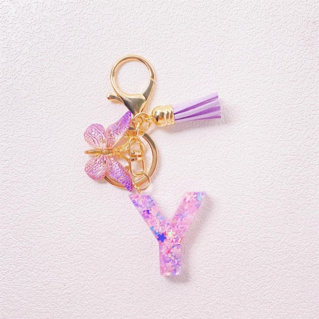 Feltree Initial Letter Keychains for Women Tassel Purple Cute Car Keychain for Wallet Backpack Bag