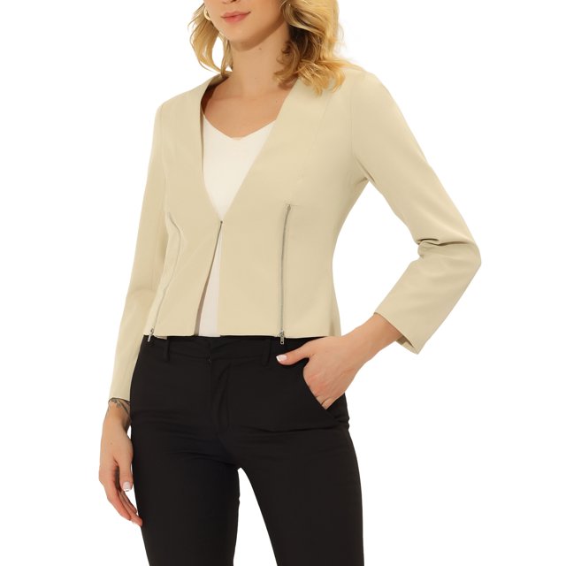 INSPIRE CHIC Blazer Court Sans Col à Fermeture Éclair pour Femme de Style Workwear TP Beige A