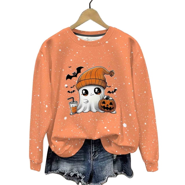 LMKIHUSA Chandails d'Halloween Fantôme pour Femmes Mode Décontractée Automne 2025 Chandail Kawaii Graphique Brillant Col Rond Chandail à Manches Longues Hauts Saison Effrayante Orange,m
