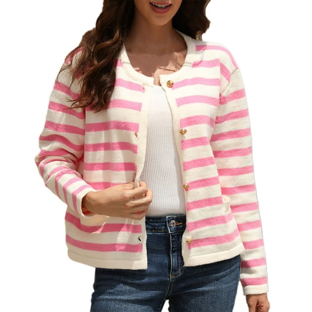 Cardigan à Rayures pour Femmes Pull à Manches Longues Tendance Bouton vers le Bas Cardigans Tricot