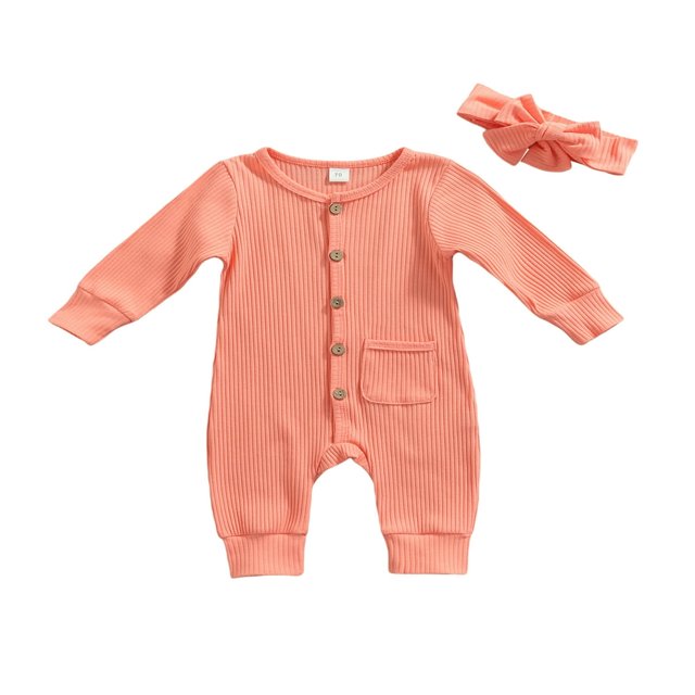 2Pcs Baby Girls Outfit Solid Color Single-breasted Long Sleeve Romper with Pocket Headband Fall Outfits Set
