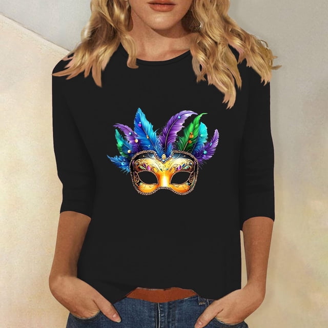 Hauts pour Femmes Manches 3/4 Imprimé Carnaval Décontracté Col Rond Manches Trois-Quarts T-shirt Ample Noir P