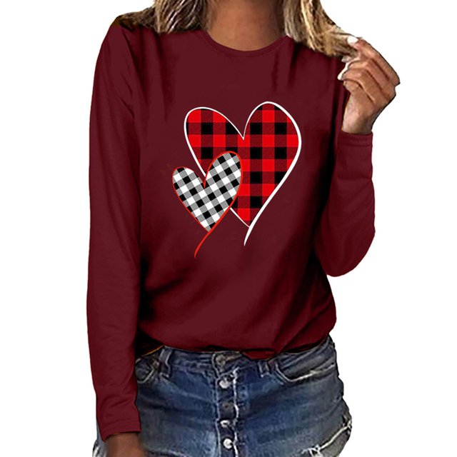 Qertyioot T-Shirt Graphique de la Saint-Valentin pour Femmes à Manches Longues, Pull Imprimé Swea