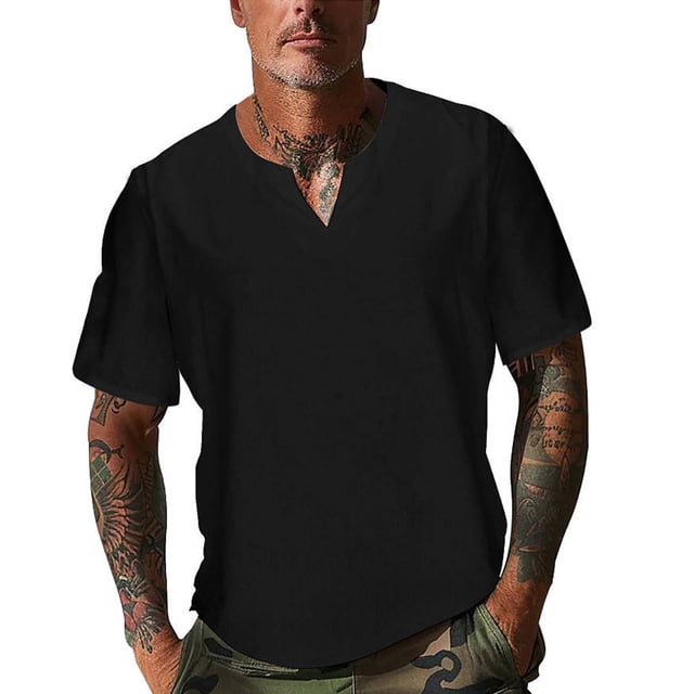 Shirts for Men, Mens Solid Color Round Neck Irregular Pullover Short Sleeve V-neck Blouses Shirts