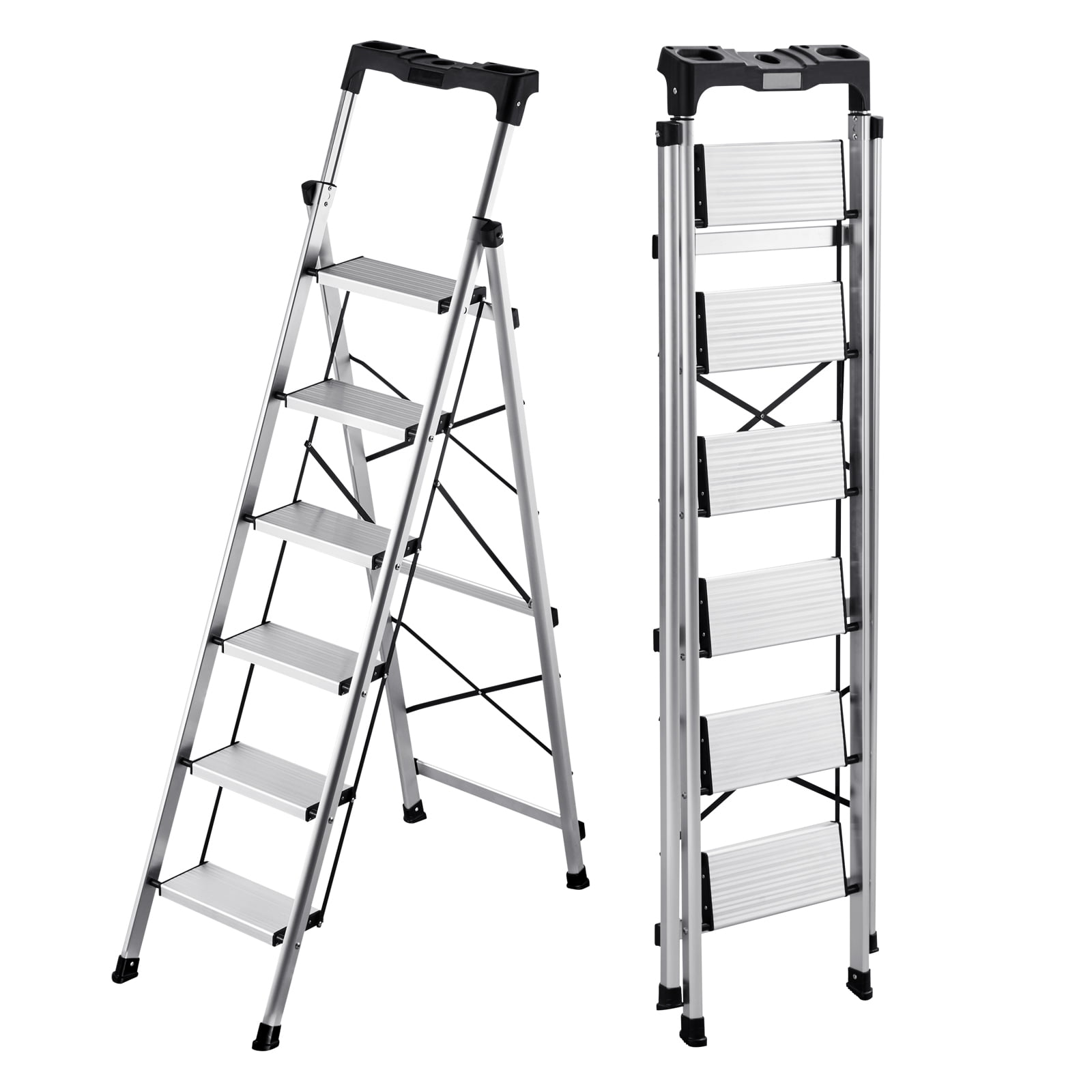 KFFKFF 6 Step Ladder, Folding Step Stool with Wide Anti-Slip Pedal and Comfort Handgrip, 330 lbs Capacity Portable Aluminum Stepladder, Multi-Use for Kitchen, Silver