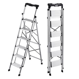 KFFKFF 6 Step Ladder, Folding Step Stool with Wide Anti-Slip Pedal and Comfort Handgrip, 330 lbs Capacity Portable Aluminum Stepladder, Multi-Use for Kitchen, Silver