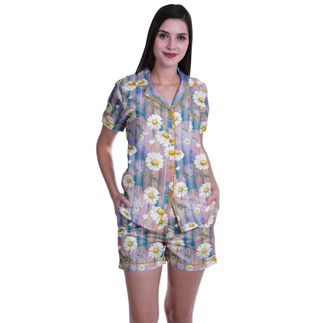 Moomaya Ensemble de Pyjama en Coton pour Femmes, Chemise de Nuit à Col Cranté à Manches Courtes