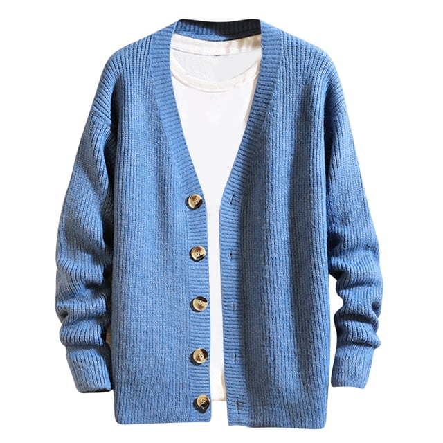 Grrvtrz Men's Casual Long Sleeve Deep V Neck Button Down Sweater Comfy Solid Color Sweater Coat Rib Knit Cardigan Sweaters