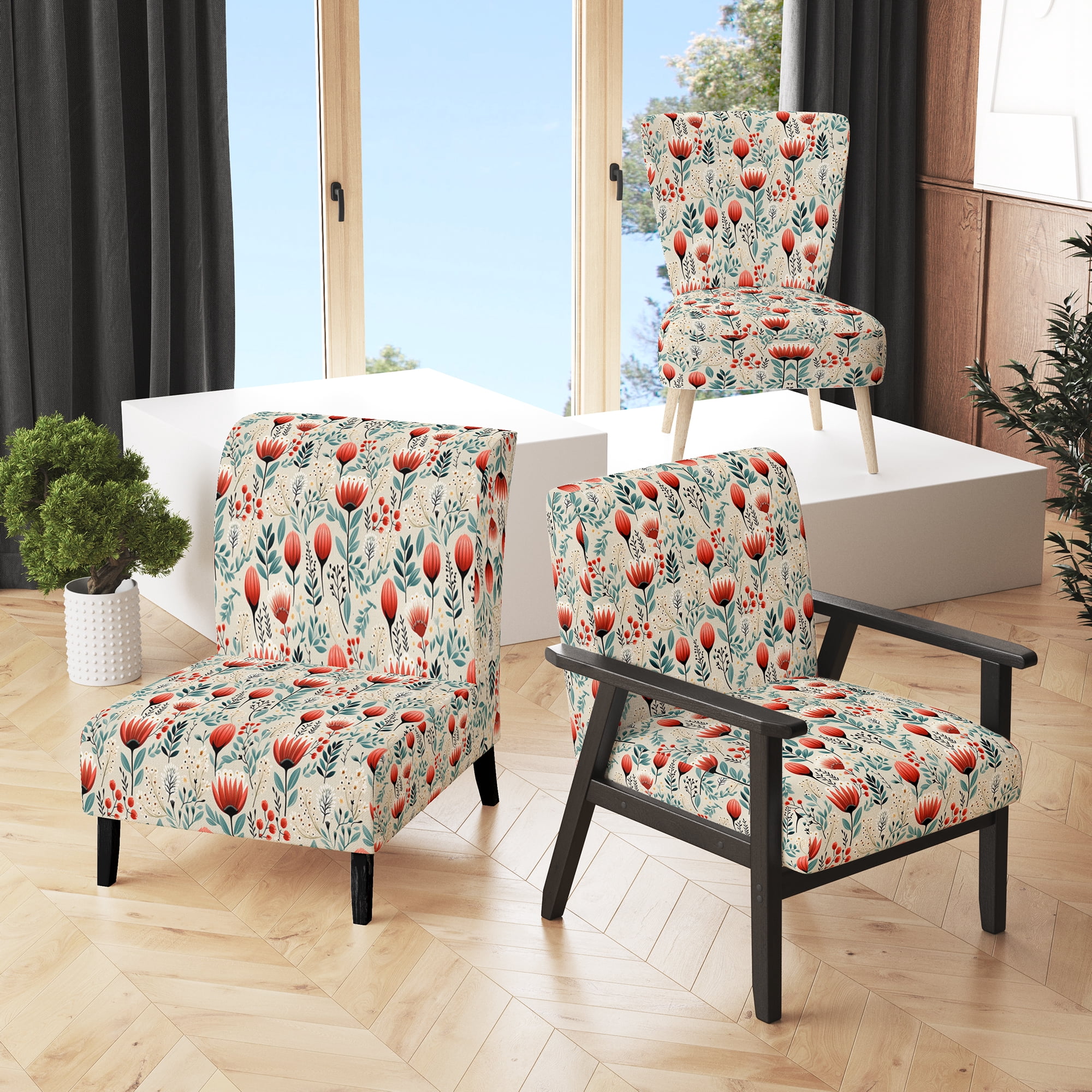 Designart « Dreamlike Moroccan Floral Fantasy II » Fauteuil d'Appoint Rembourré Rouge à Motif Floral - Fauteuil de Style Cottage pour Salon