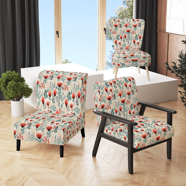 Designart « Dreamlike Moroccan Floral Fantasy II » Fauteuil d'Appoint Rembourré Rouge à Motif Floral - Fauteuil de Style Cottage pour Salon