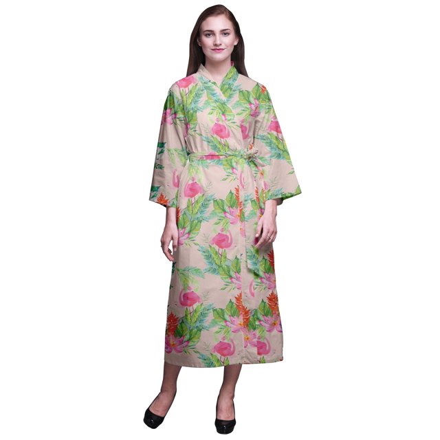 Bimba Light Pink Salmon Floral Flamingo,Leaves & Water Lily Womens Robe Dressing Gown Long Bride Getting Ready Shirt Printed Bath Robe Girls S