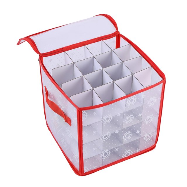 Christmas decor Christmas Ornament Storage Box with a hard plastic design and red trim. The box features 64 individual padded compartments with dividers for organizing Christmas tree ornaments. The exterior is adorned with a snowflake pattern, and it includes a sturdy zipper closure and reinforced handles for portability. Ideal for seasonal storage and protecting delicate ornaments.