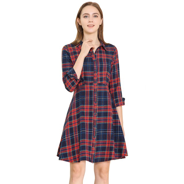 INSPIRE CHIC Women's Plaid Button up Point Collar Long Sleeve a-Line Dress