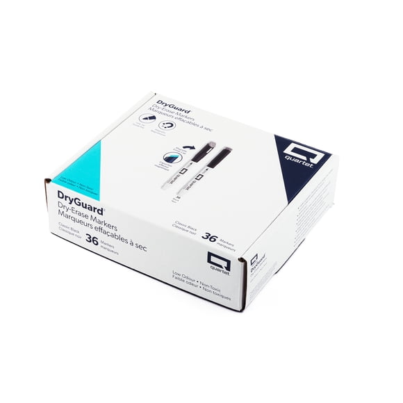 Quartet DryGuard Dry Erase Markers With Eraser, Fine Tip, Black Ink, Pack of 36