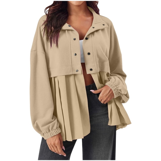 AherBiu Jackets for Women Button down Long Sleeve Ruched Patchwork Shirts Casual Loose Flowy Fall Outerwear