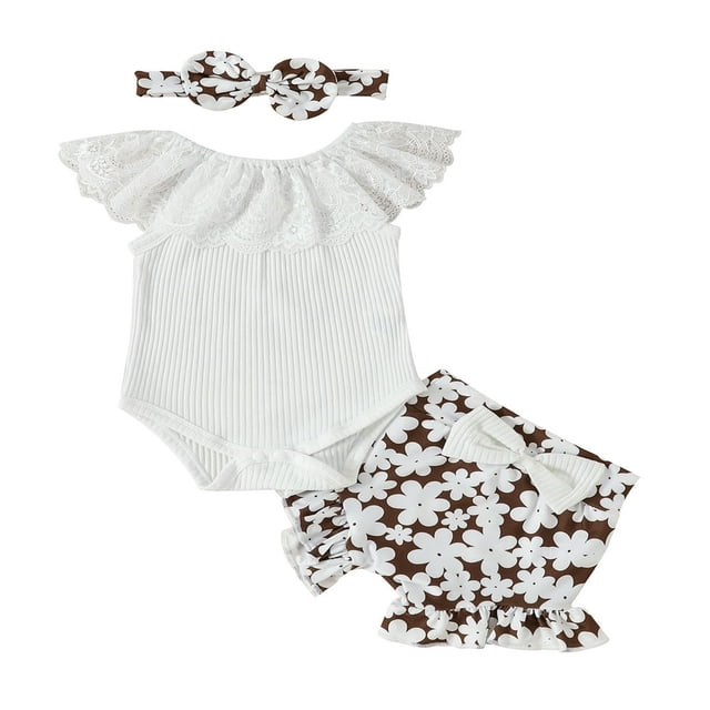 3Pcs Newborn Baby Girls Summer Romper Shorts Sets Lace Ribbed Sleeveless Jumpsuit Ruffle Shorts Headband White 3-6 Months