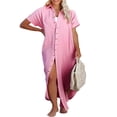 thumbnail image 1 of Femmes Maillot de Bain Couvrir Robe Manches Courtes Côté Divisé Bouton vers le Bas Longue Chemise Robe Cardigan Maxi Plage Robe Bleu, 1 of 7